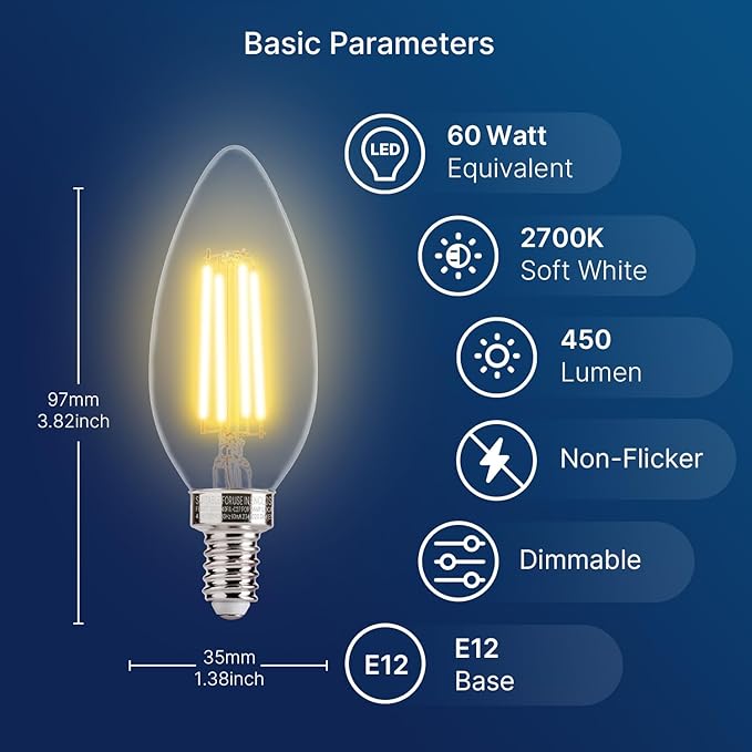 FLSNT 48 Pack LED Candelabra Bulbs 60W Equivalent, B11 Dimmable LED Chandelier Light Bulbs, E12 Base, 2700K Soft White UL,CA65 Listed.