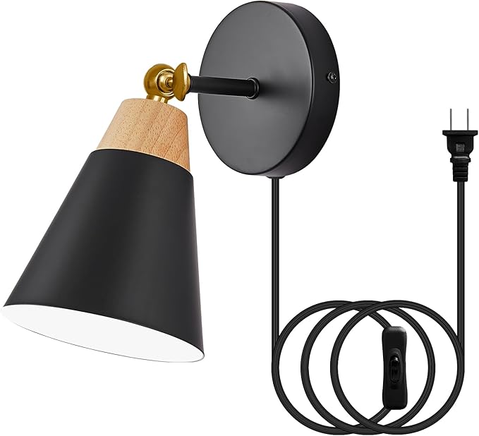 Wall Sconce with Metal Shade, Plug Switch, Indoor Decor Wall Mount Swing Arm Lamp for Bedroom,Hallway,Living Room,Reading, Black