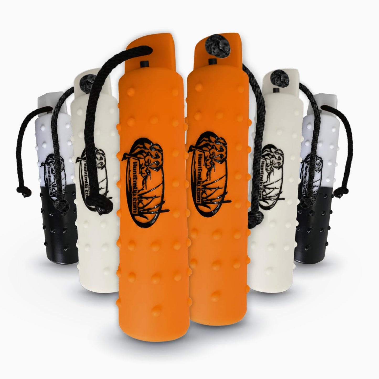 HuntEmUp 6 Pack 3" Plastic Dog Training Bumpers – Knobby Retrieving Dummy Set for Retriever & Hunting Dog Training – Floating Water Dummy – White Orange Black
