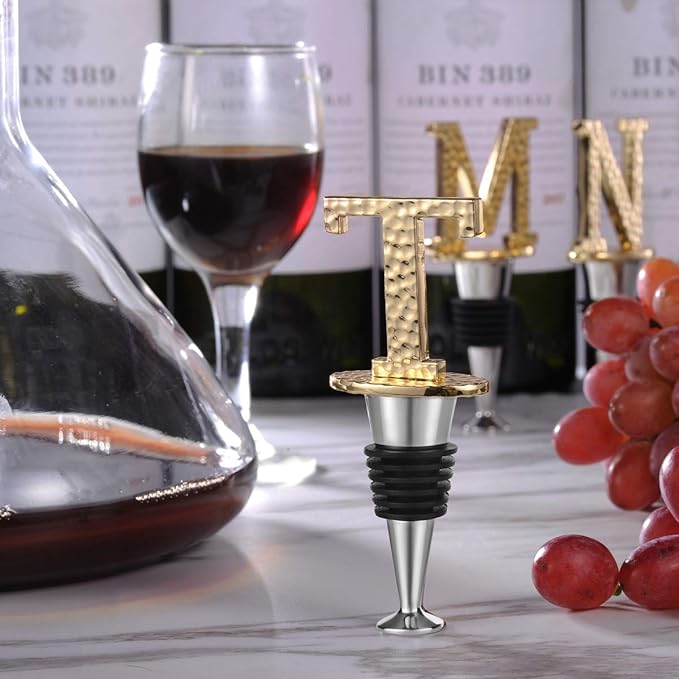 Miicol Wine Stopper, Prosecco Topper, Personalised Champagne Stopper, Gold Wine Accessories, Wine Lovers Gift, Monogram Gift, Letter T