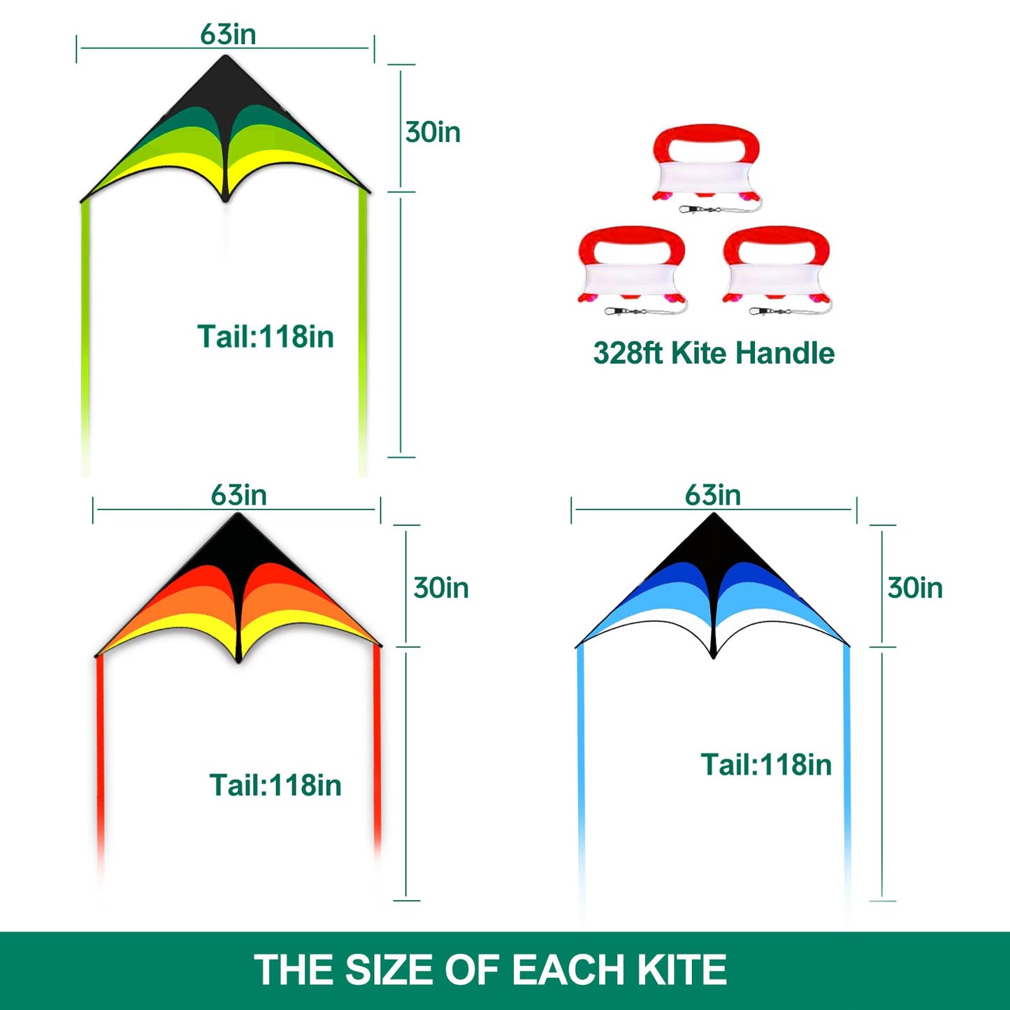 Mint's Colorful Life 3 Pack Delta Kites for Kids & Adults, Easy to Fly Large Kite Set for Beginners, Perfect Family Kites for Park and Beach Trip with 300ft String Included (Green&Blue&Yellow)