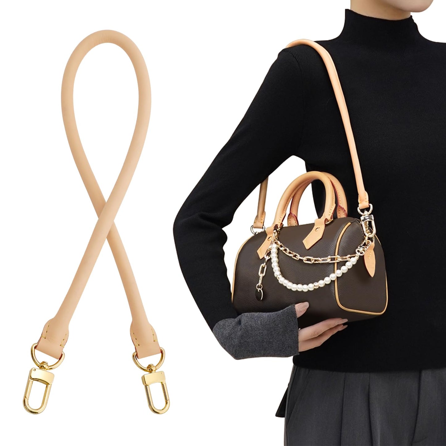 KIYOMIL Bag Genuine Vachetta Leather Shoulder Short Strap Replacement Fit for Graceful Damier or Speedy 25 30 35 Handbag (Length:27.5in-APRICOT)
