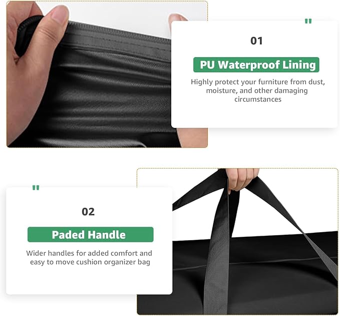 Cushion Storage Bag 420D Waterproof 68" Rectangular Outdoor Patio Cushion Storage Bags — Outdoor Cushion Storage Bag with Zipper and Handles Extra Large Storage Bags 68" L x 29" H x 20" W Black