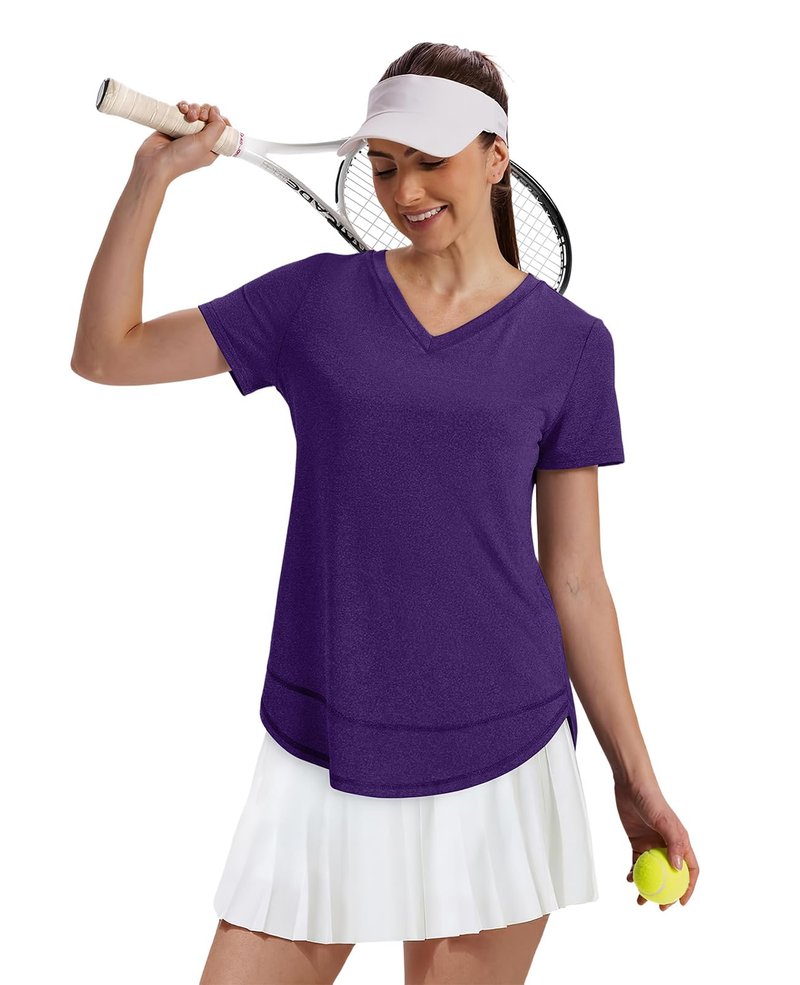 Workout Tops for Women Spring Summer Short Sleeve Golf Outfits Gym Essentials Activewear Running Shirts V Neck Purple S