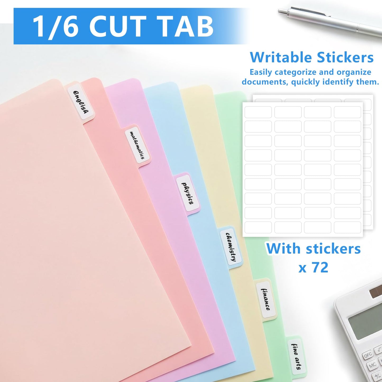 HOUYEE 12 Pack Plastic Folders with Pockets 3 Hole Punched, 2 Pockets File Folders for 3 Ring Binder, with 2 Business Card Slot, 1/6 Cut Tabs & Labels, for Letter Size, School Office Home Bussiness