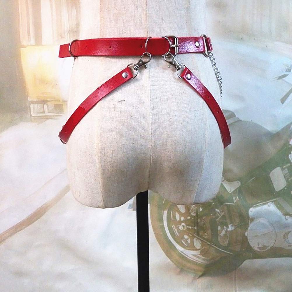 Punk Women Red Leather Harness Garter Belt Adjustable Waist Leg Body Chain Caged with Metal Tassel for Dress Rave Club Party