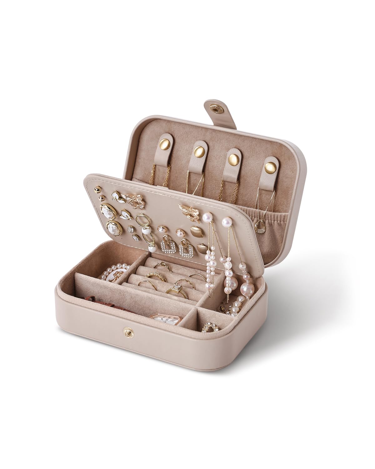 BIQI MUSSE Jewelry Travel Case, Portable Travel Jewelry Box for Women, PU Leather, Snap Closure, Jewelry Holder Organizer Travel Essentials, Light Taupe