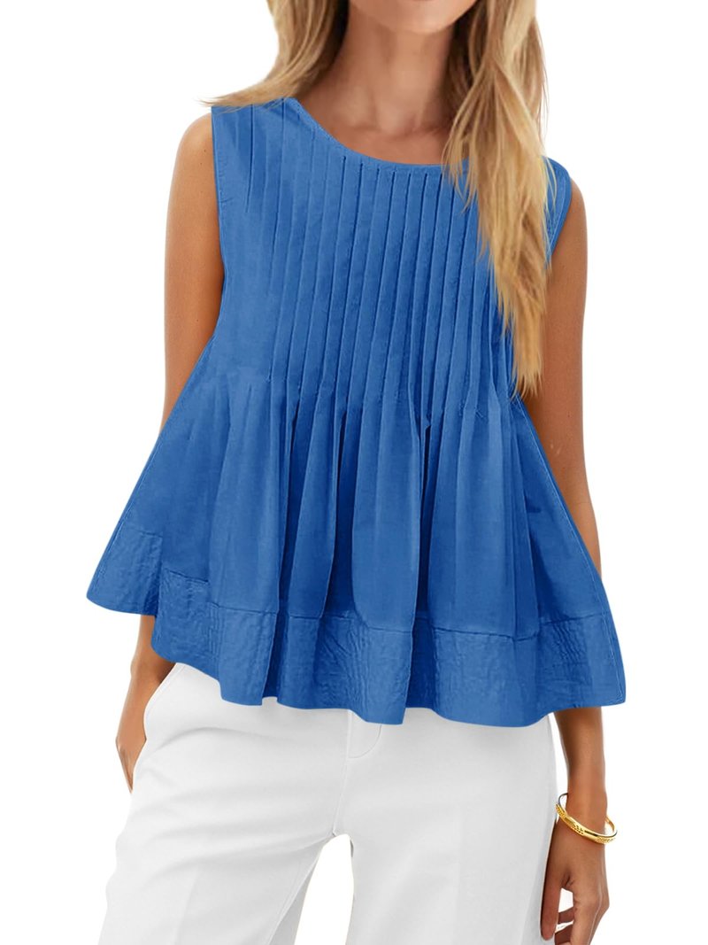 Cicy Bell Womens Summer Peplum Tops Casual Babydoll Sleeveless Cotton Tank Tops Flowy Pleated Shirts Blue