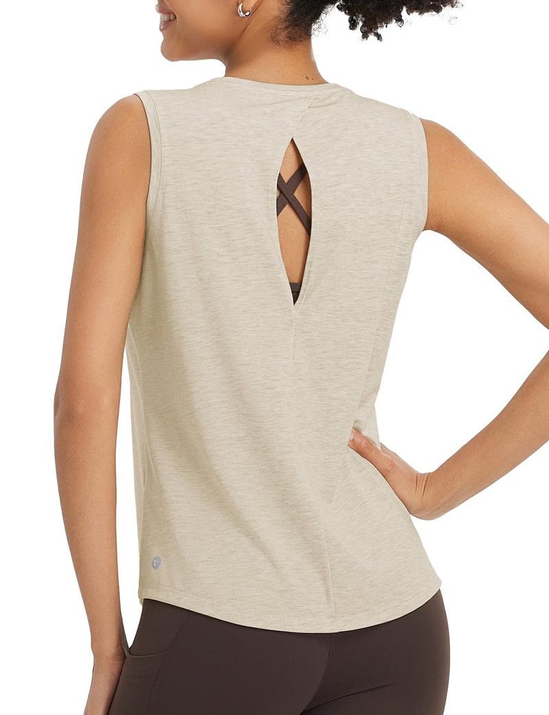 baleaf Yoga Tops for Women High Neck Open Back Workout Tank Tops Sleeveless Shirts Loose Fit Athletic Gym Heather Khaki S