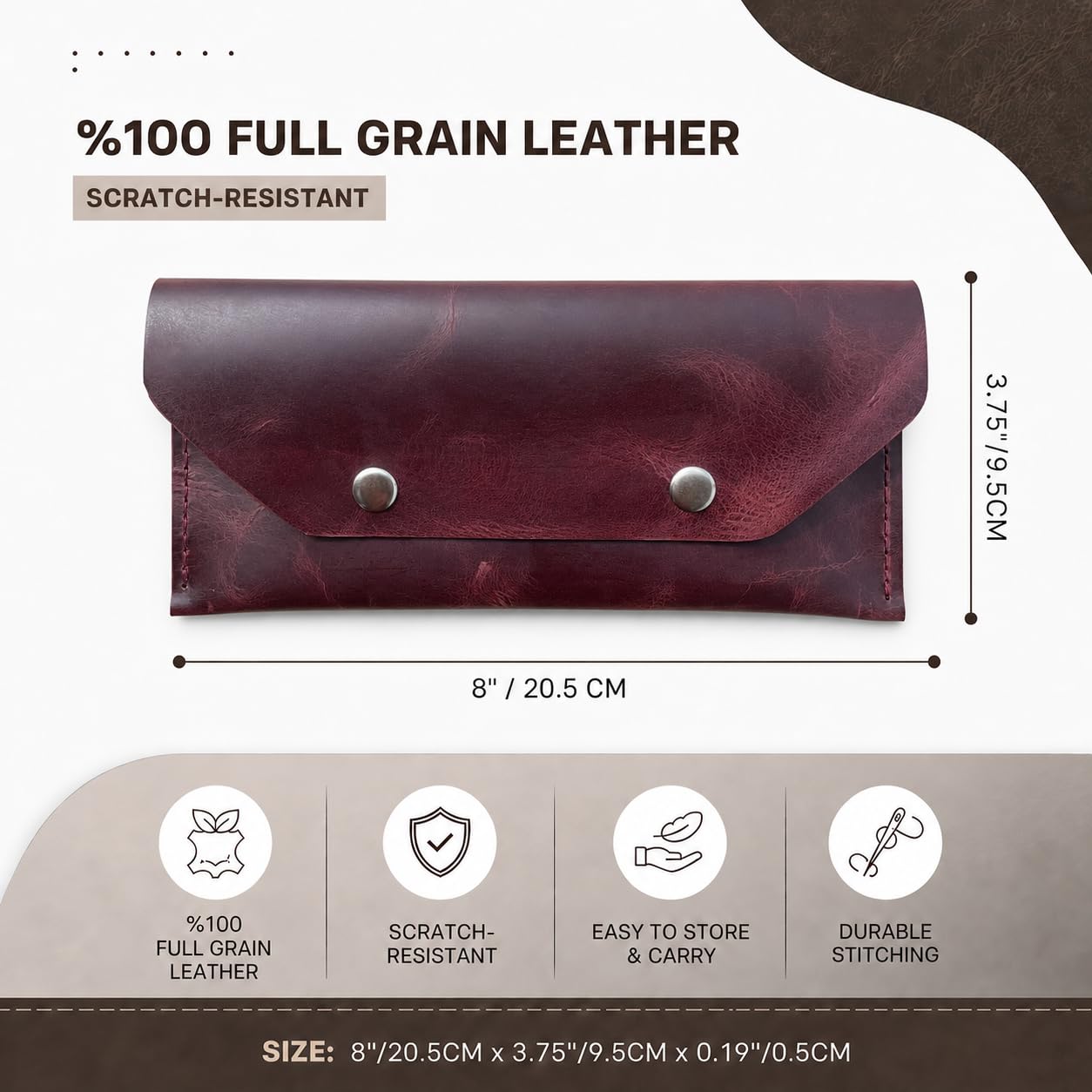 ZEMARS Genuine Leather Cash Envelope Wallet, Two Snap Money Pouch for Men and Women, Reusable Budget Envelope Wallet, Slim Organizer for Cash, Cards, Receipts, Checks and Keys (Burgundy)