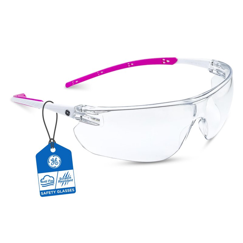 GE Safety Glasses - Scratch-Resistant Durability, Clear Protective Lenses, UV Shielding, Eye Protection, Outdoor, Indoor, Labs & Construction Safety Work Glasses for Men and Women - White/Pink