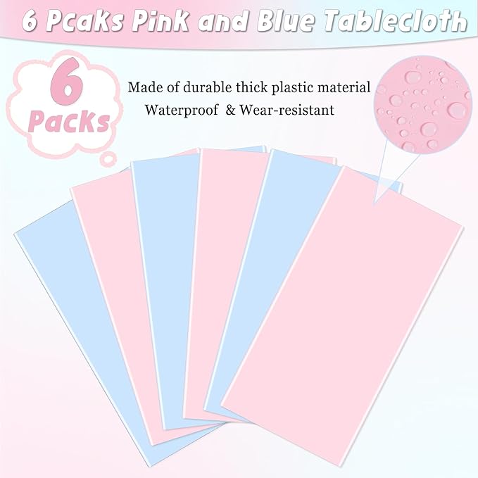 6 Packs Gender Reveal Tablecloths 54 x 108 Inch Disposable Plastic Pink and Blue Tablecloth Waterproof Rectangle Table Covers for Boy or Girl Baby Shower Party Decorations