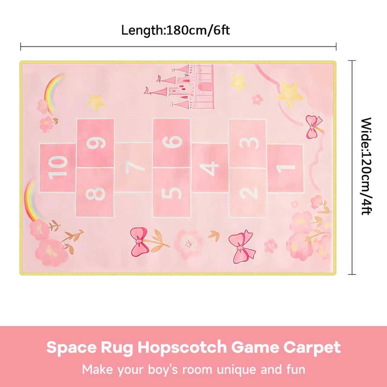 JinKune Area Rug Kids Rug 4'x 6', Hop and Count Hopscotch Rug for Kids, Pink Fantasy Castle Themed Non-Slip Washable Play Carpet, Educational Number Game Mat for Girl's Bedroom Playroom Classroom