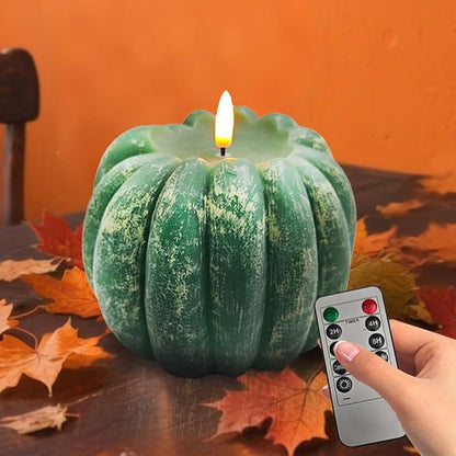Fall Decor, Fall Decorations for Home - Flameless Pumpkin Candle with Timer Remote - Room Bedroom Table Farmhouse Decor for Halloween, Thanksgiving, Green