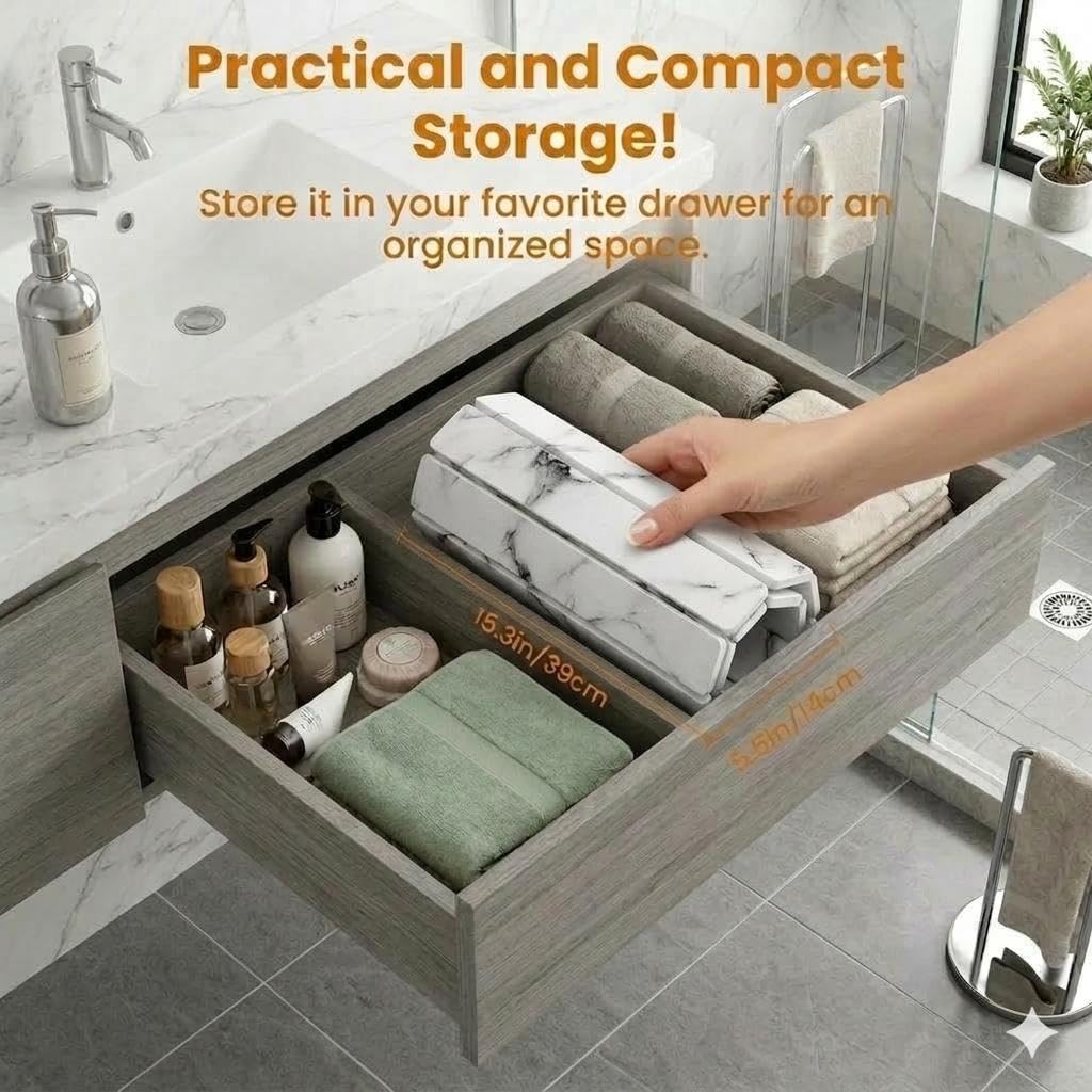 ELIHAM ESSENTIALS Premium Foldable Stone Bath Mat - Ultra Absorbent Quick Drying Compact Easy to Store & Clean Non-Slip Diatomaceous Earth Bath Shower Mat (Marble White)
