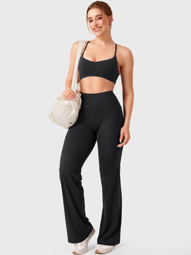 YEOREO Ease Workout Leggings with Pockets for Women No Front Seam Straight Leggings High Waist Wide Leg Yoga Pants 31.5" Black S