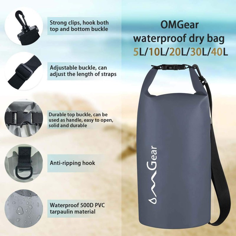 OMGear Waterproof Dry Bag Backpack Waterproof Phone Pouch 40L/30L/20L/10L/5L Floating Dry Sack for Kayaking Boating Sailing Canoeing Rafting Hiking Camping Outdoors Activities(Grey,5L)