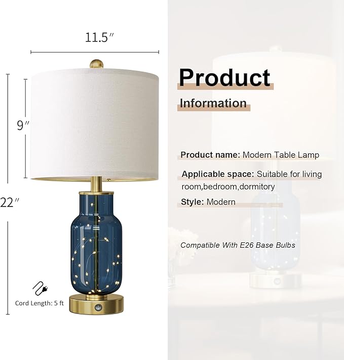 Oneach 22" Glass Table Lamps Set of 2, Blue Modern Bedside Lamp with LED Night Light for Living Room, Nightstand Lamp with USB Ports for Bedrooms, Study Room, End Table(2 Bulbs Included)