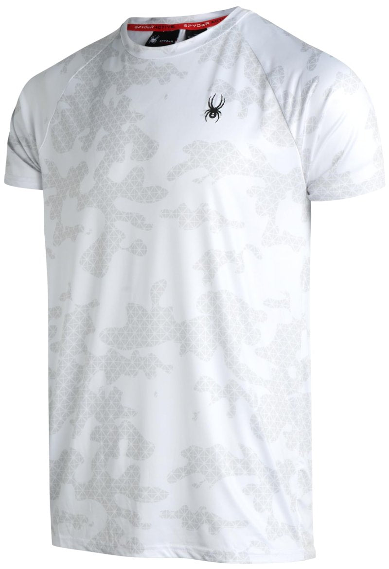 Spyder Mens Active Shirt - Crewneck Dry Fit Mens Workout Shirts Short Sleeve Camo Fitted Athletic Gym Shirts for Men, Size Medium, Elevated White