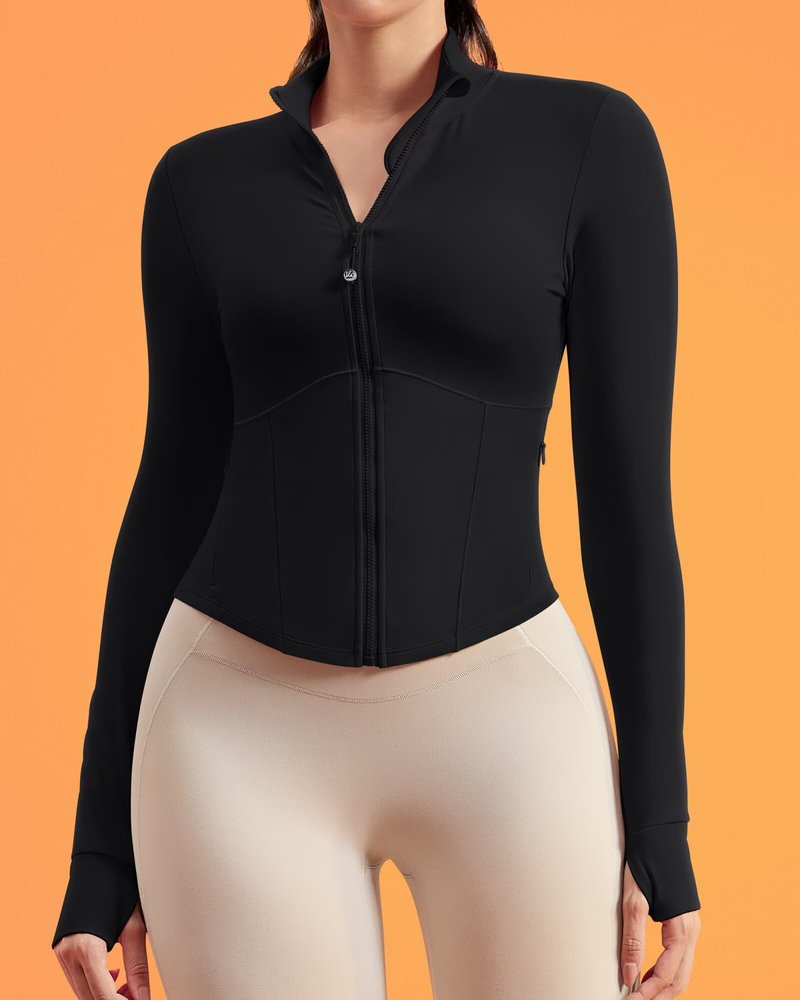 Queenie Ke BareLuxe Corset BBL Jacket for Women Zip Up Waist-Length Cropped Running Workout Athletic Top with Thumb Holes (Black, Medium)