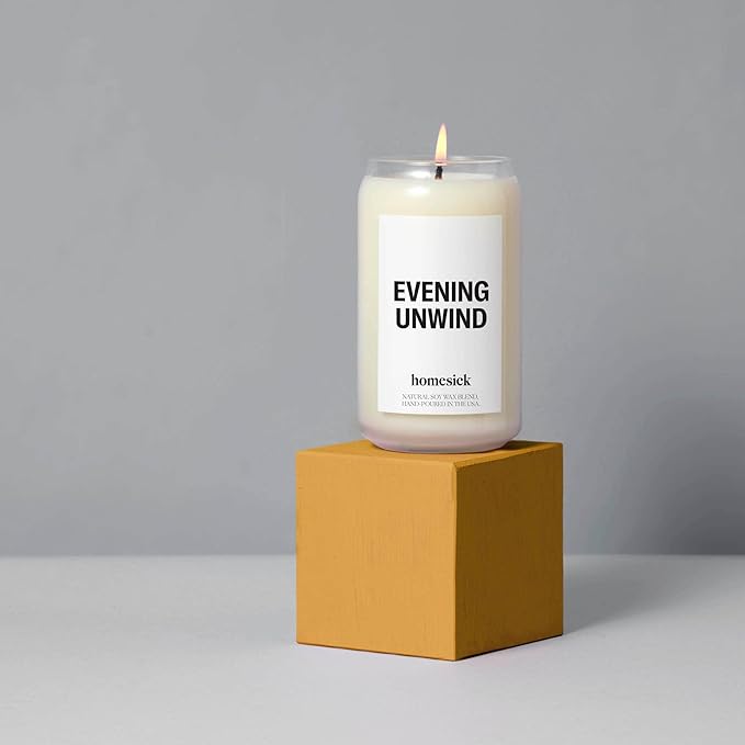 Homesick Scented Candles for Home (Evening Unwind) - 13.75 oz Long-Lasting Natural Soy Wax Blend Jar Candle Gifts for Women & Men, 60-80 Hours Burn Time - Notes of Valencia Orange, Melon & Moss