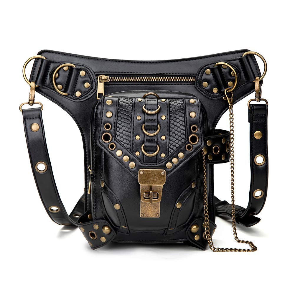 Steampunk Waist Bag Fanny Pack Thigh Holster Purse Gothic Leather Shoulder Crossbody Hiking Chain Messenger Bag