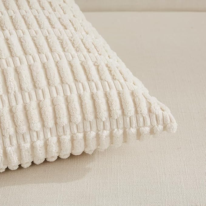Fancy Homi Cream Lumbar Decorative Throw Pillow Covers 12x24 Inch for Living Room Couch Bed Sofa, Rustic Farmhouse Boho Home Decor, Soft Striped Corduroy Rectangle Cushion Case 30x60 cm