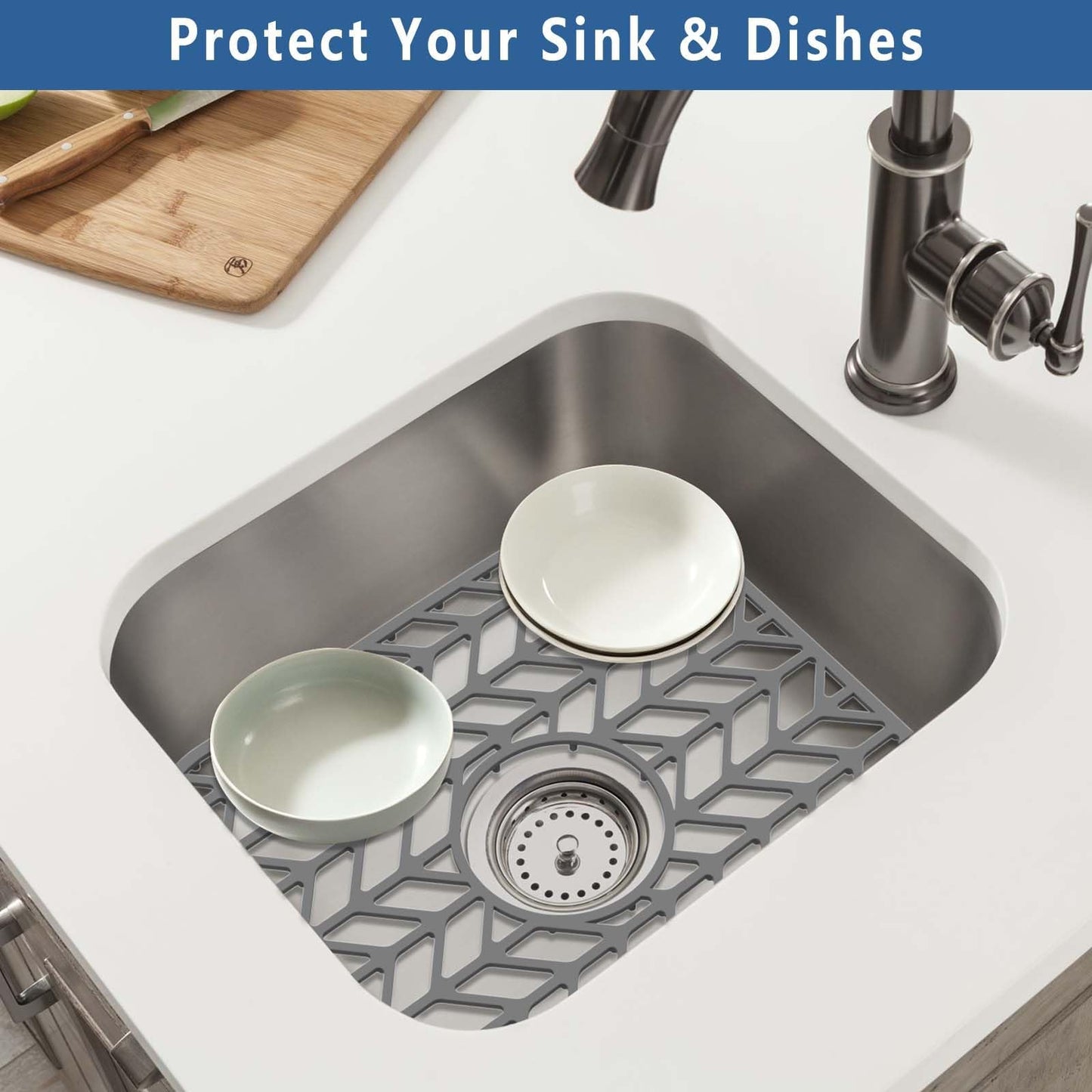 AWOKE Silicone Sink Protectors for Kitchen Sink, 12" x 11" Mat for bottom of sink, Center Drain Hole, Protect from Stains, Scratches, Dishwasher Safe Grid for Kitchen (2 Pack, Gray)