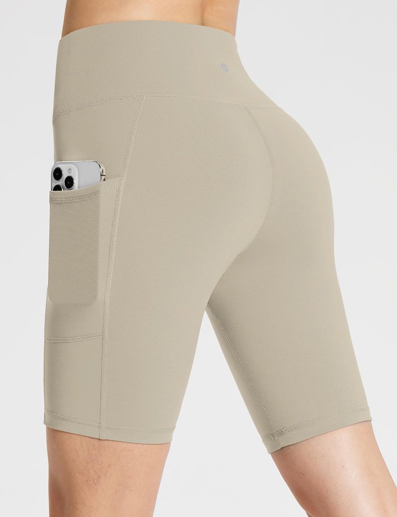 baleaf Biker Shorts Women Yoga Gym Workout Spandex Running Volleyball Tummy Control Compression with Pockets 8" Khaki XS