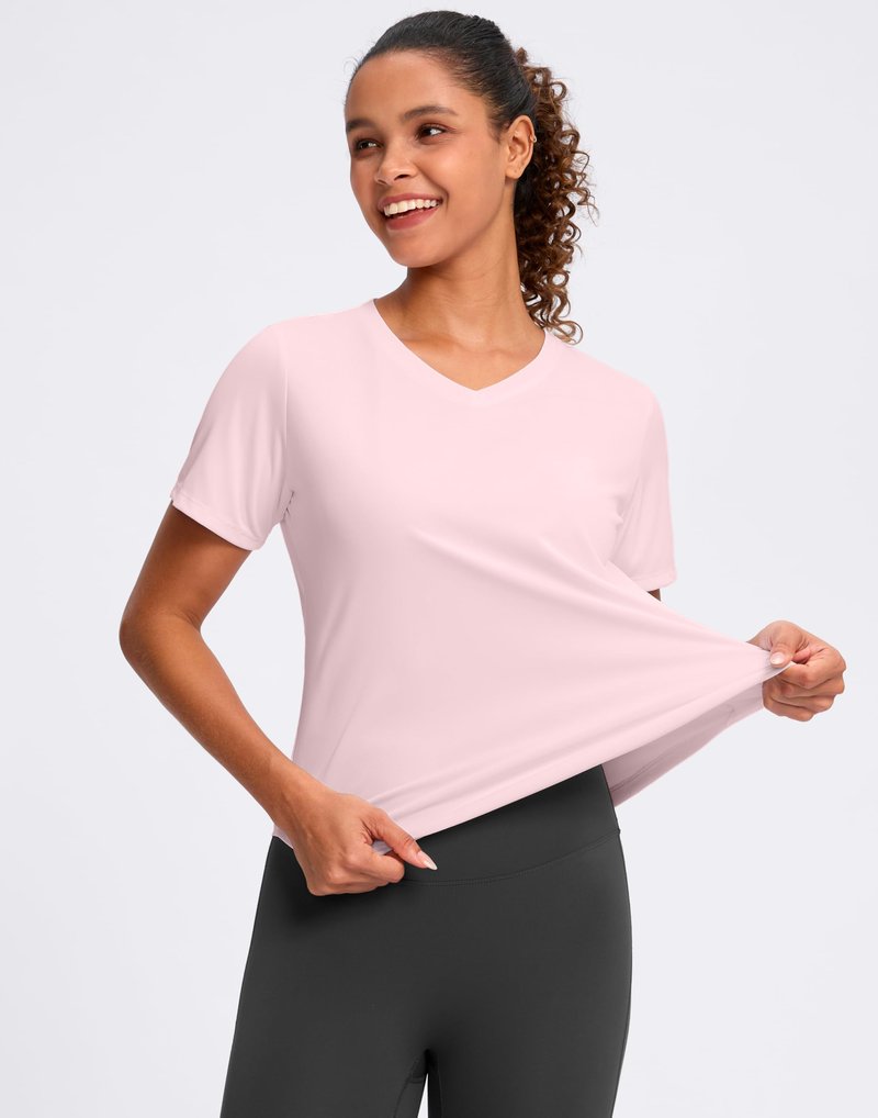 Womens Workout Shirts V-Neck Short Sleeve UPF 50+ Sun Shirt Moisture Wicking Dry Fit Top for Gym, Running, Athletic (Peach, L)