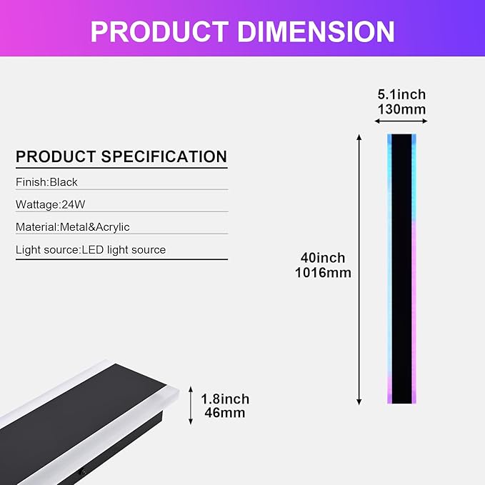 2 Pack RGB Outdoor Long Wall Lights Fixture,40 inch Modern Outdoor LED Wall Light,Dimmable Outside Wall Sconce Linear Lights,Exterior Lighting Fixtures for Garage,Porch,Patio,Front Door