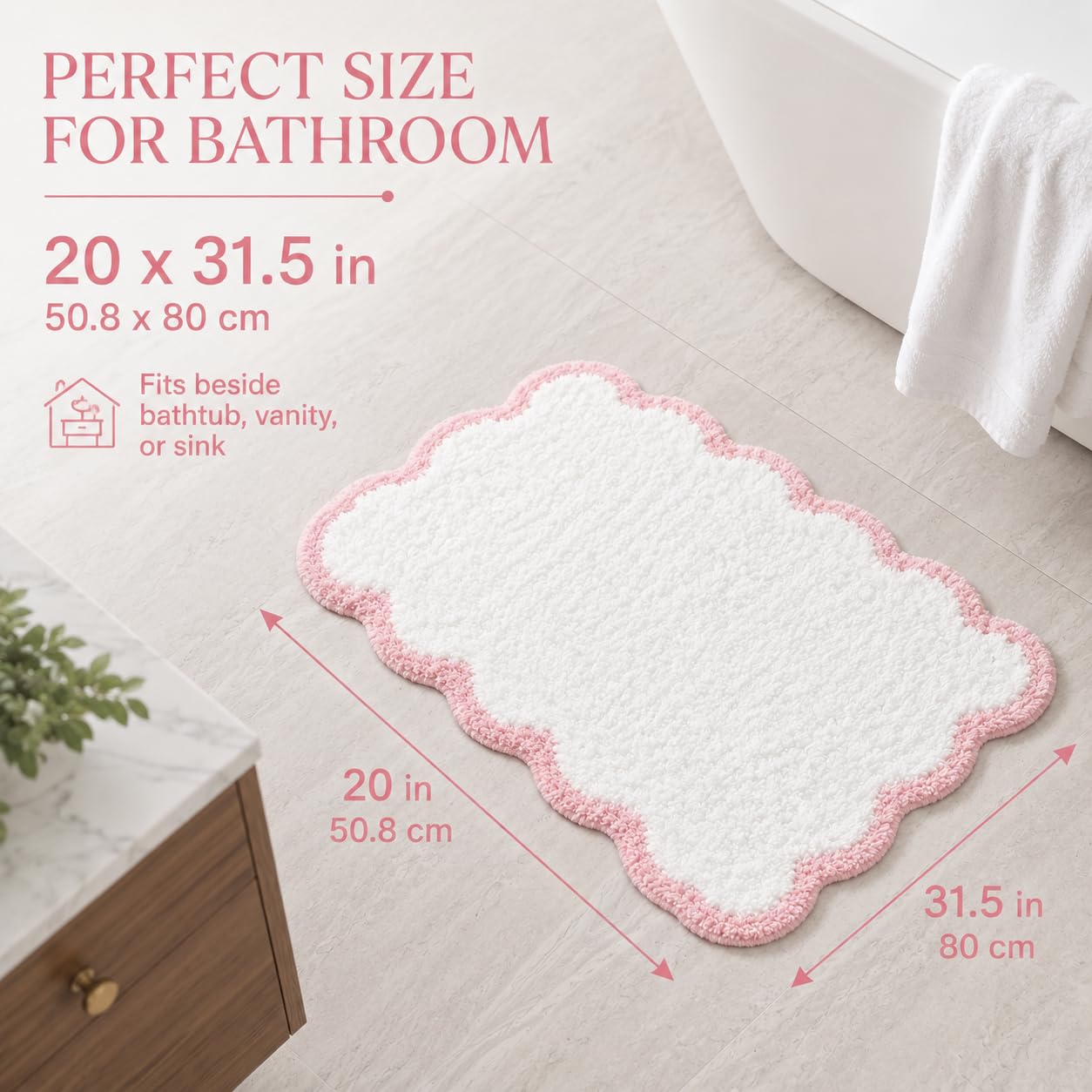 Inshere Scalloped Pink Bath Rug, Cute Bathroom Rug, Soft Absorbent Quick Dry Bath Mat, TPR Non Slip Backing, Microfiber Mat for Shower Tub Sink Vanity 20" x 31.5"