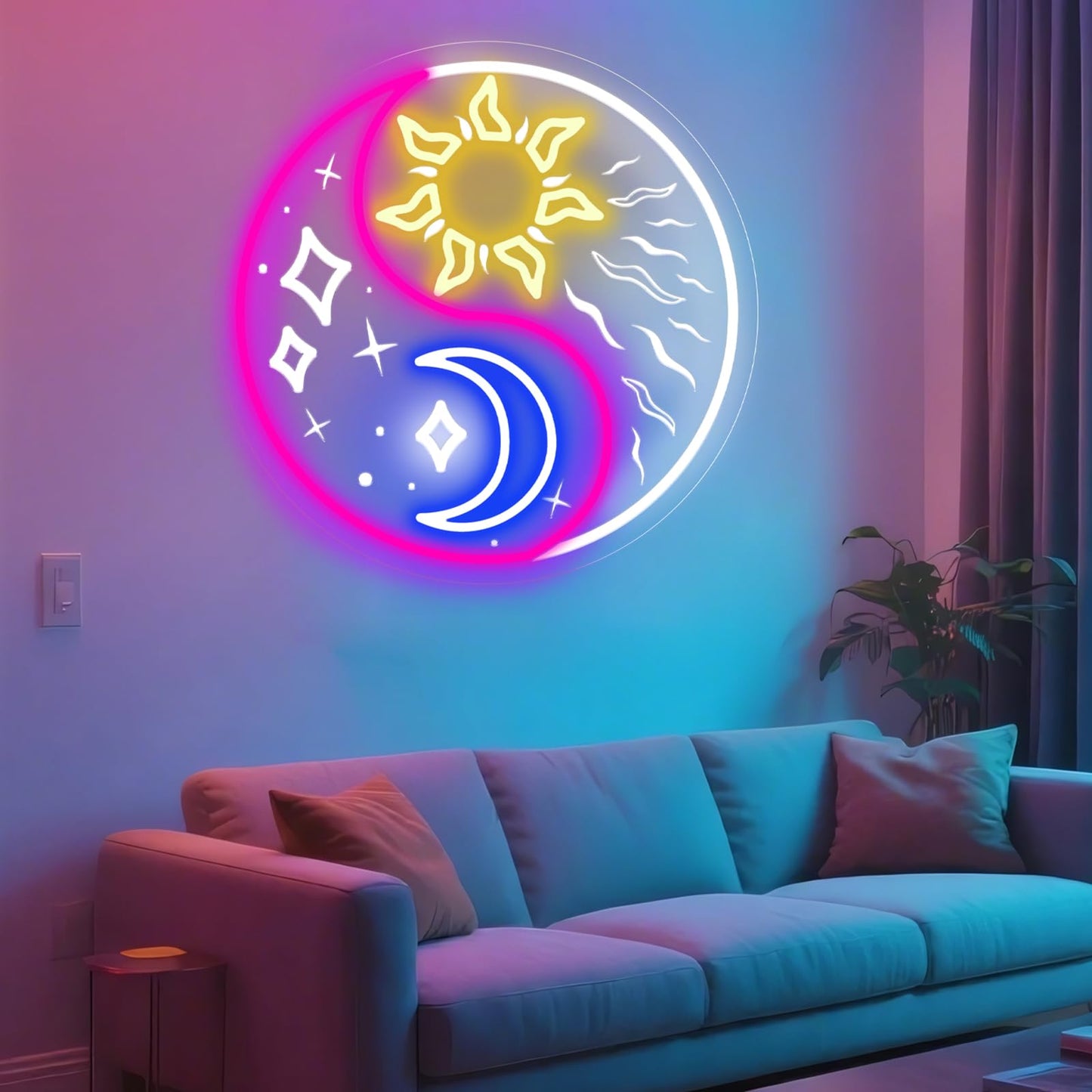 Yin Yang Sun Moon Neon Sign, LED Neon Sign Wall Decor for Bedroom Living Room Window Hanging, Chinese Inspired Balance Art Gift New Home Decoration 13.4”×13.4”