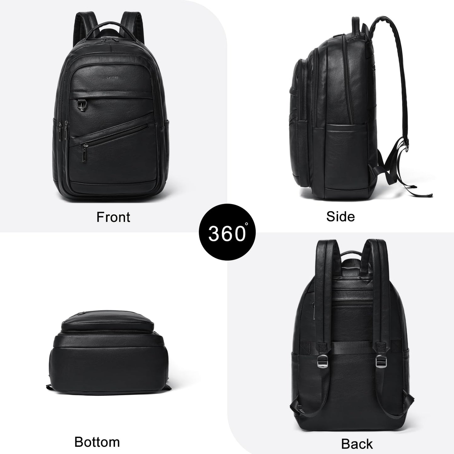 LATMAP 43L Backpack for Women Men - Vegan Leather Backpack Purse Travel Carry-on Bag College Bookbag Work fits 17" Laptop, Black