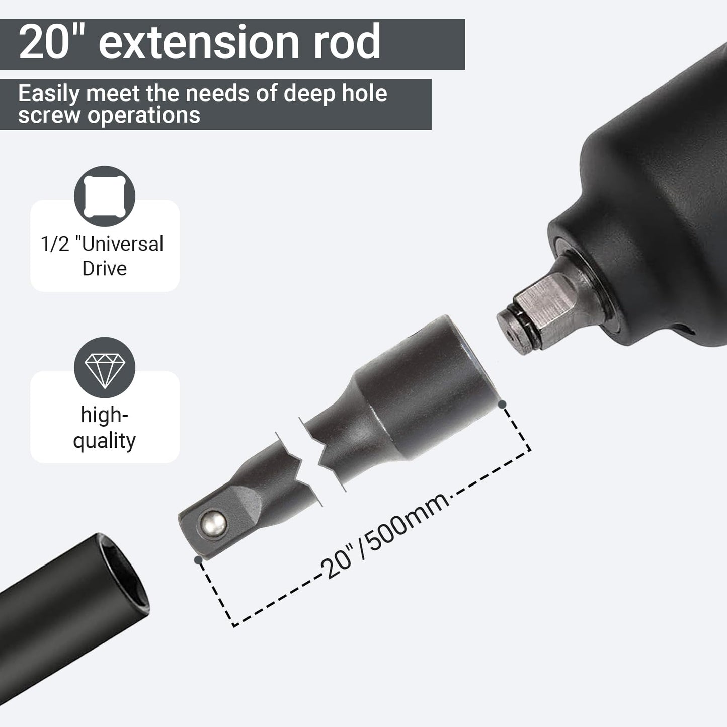 1/2 Inch Drive Extension,1/2" Impact Extension Bar,20" Long Socket Wrench Extender,Cr-V Steel