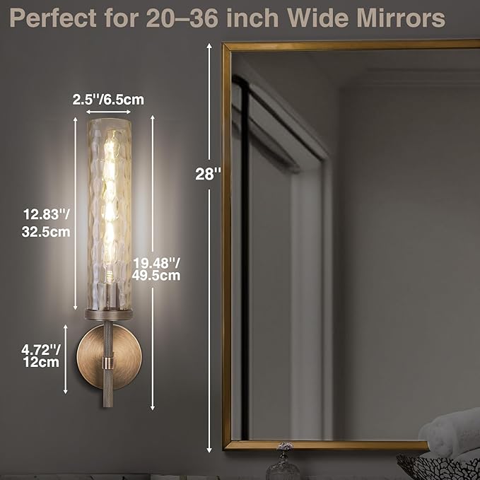 Brass Sconces Wall Lighting 19.48" with Rippled Glass Shade, Solid Knurled Brass Wall Sconces, Vintage Industrial Sconce Lamps for Bedroom Bathroom Entryway & Staircase Mirror Decor(Including Bulb)