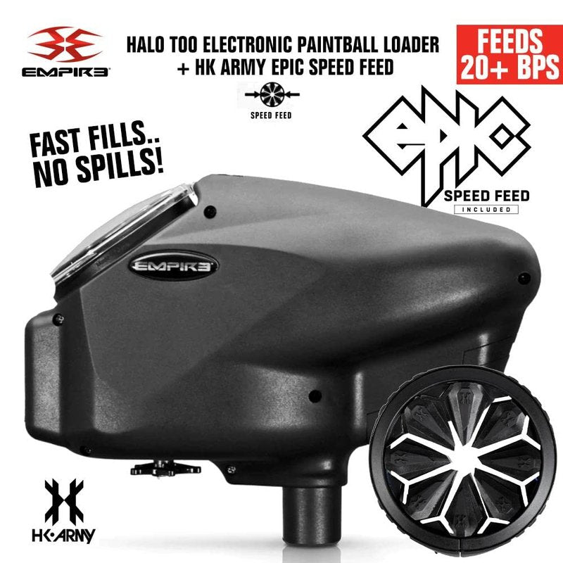 Maddog Empire Halo Too Electronic Paintball Loader with HK Army Epic Speed Feed and HPA Paintball Tank Fill Nipple Protector Accessory Package - Blackout