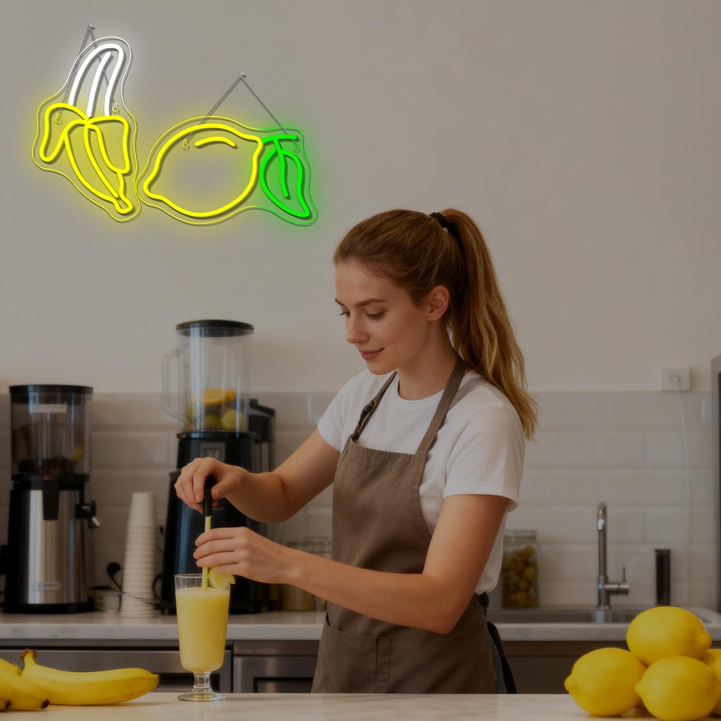 Banana and Lemon Neon Sign Set of 2 （1 Banana Light+1 Lemon Light）Fruit Neon Lights for Wall Decor, Kids Room, USB Powered Acrylic Neon Art for Bedroom Classroom
