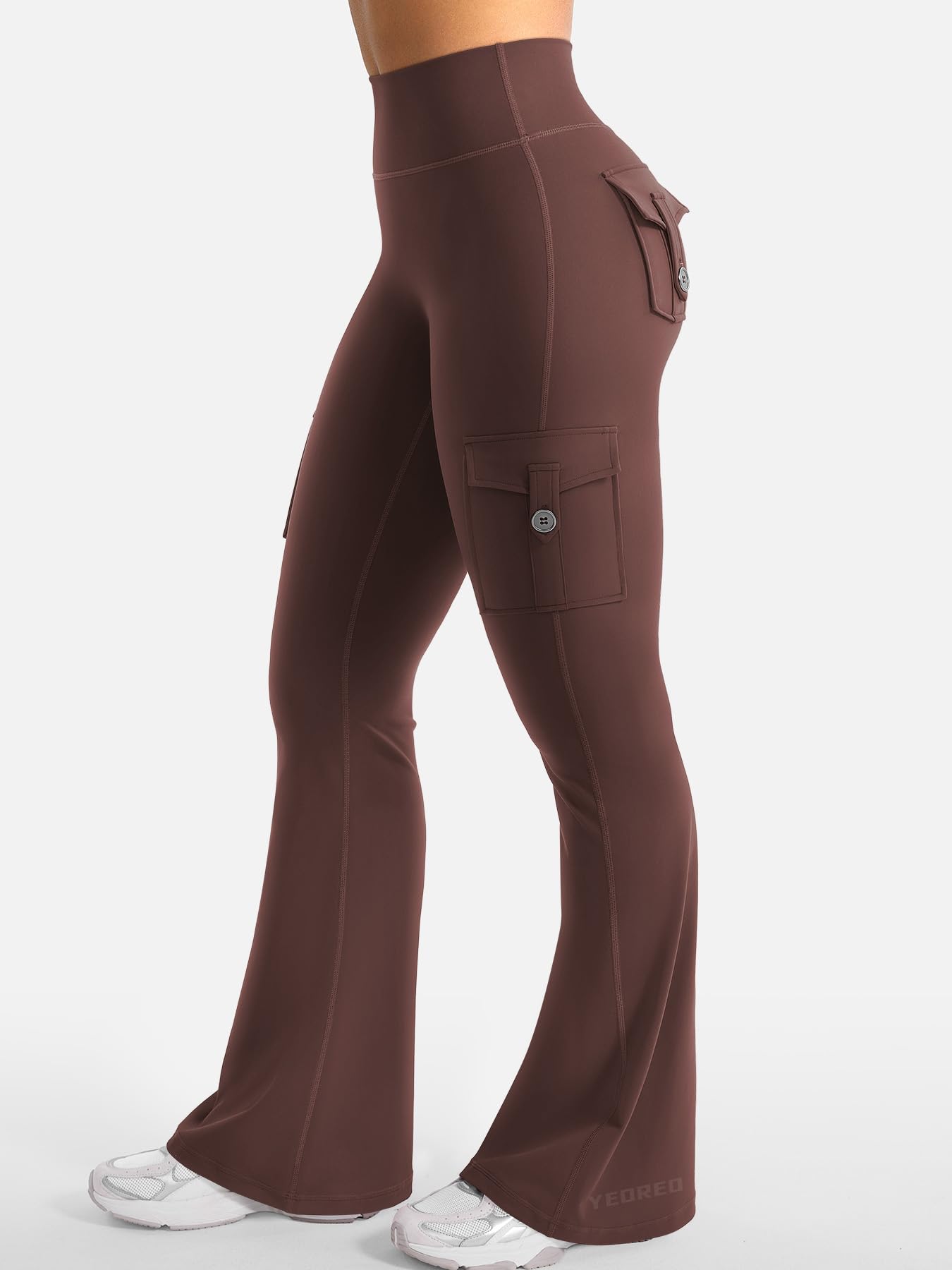 YEOREO CoreFlex Women Workout Flare Leggings with Pockets Hidden Scrunch Cargo Gym Yoga No Front Seam Leggings Chocolate XS