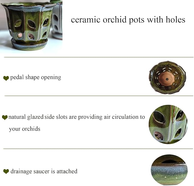 Orchid Pots with Holes 6 inch Ceramic Orchid Pot with Attached Saucer and Drainage Hole (mossgreen)