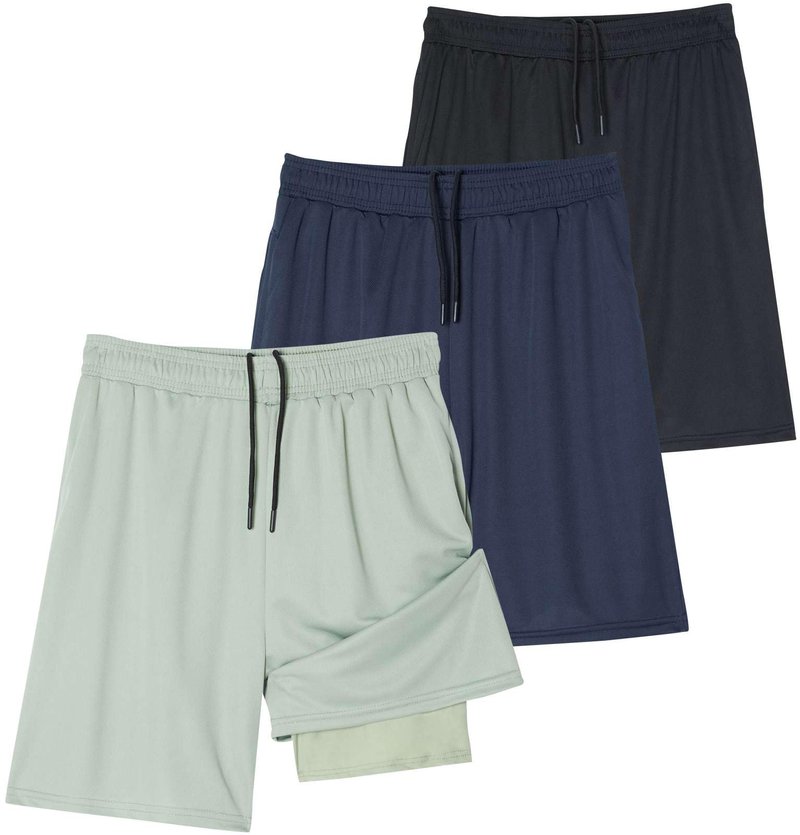Real Essentials 3 Pack: Men's 2 in 1 Mesh 7" Running Workout Gym Shorts with Compression Liner (Available in Big & Tall)