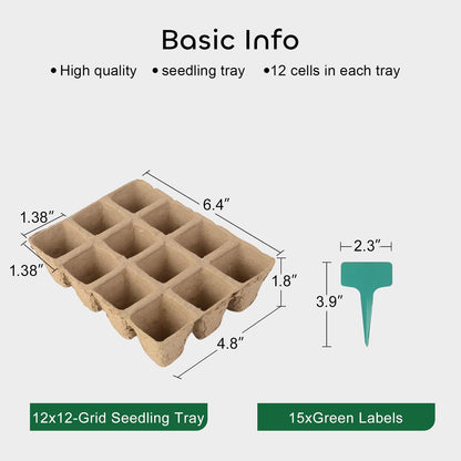 GROWNEER 144 Cells Peat Pots Seed Starter Trays, 12 Packs Biodegradable Seedling Pots Germination Trays, Organic Plant Starter Kit with 15 Pcs Plant Labels