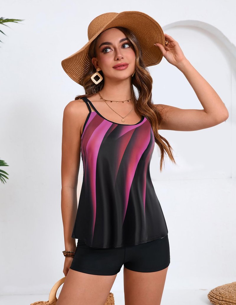 Hanna Nikole Tankini Swimsuits for Women 2 Piece Sexy Push Up Swimdress Flowy Bathing Suits Rose Red Ray Large
