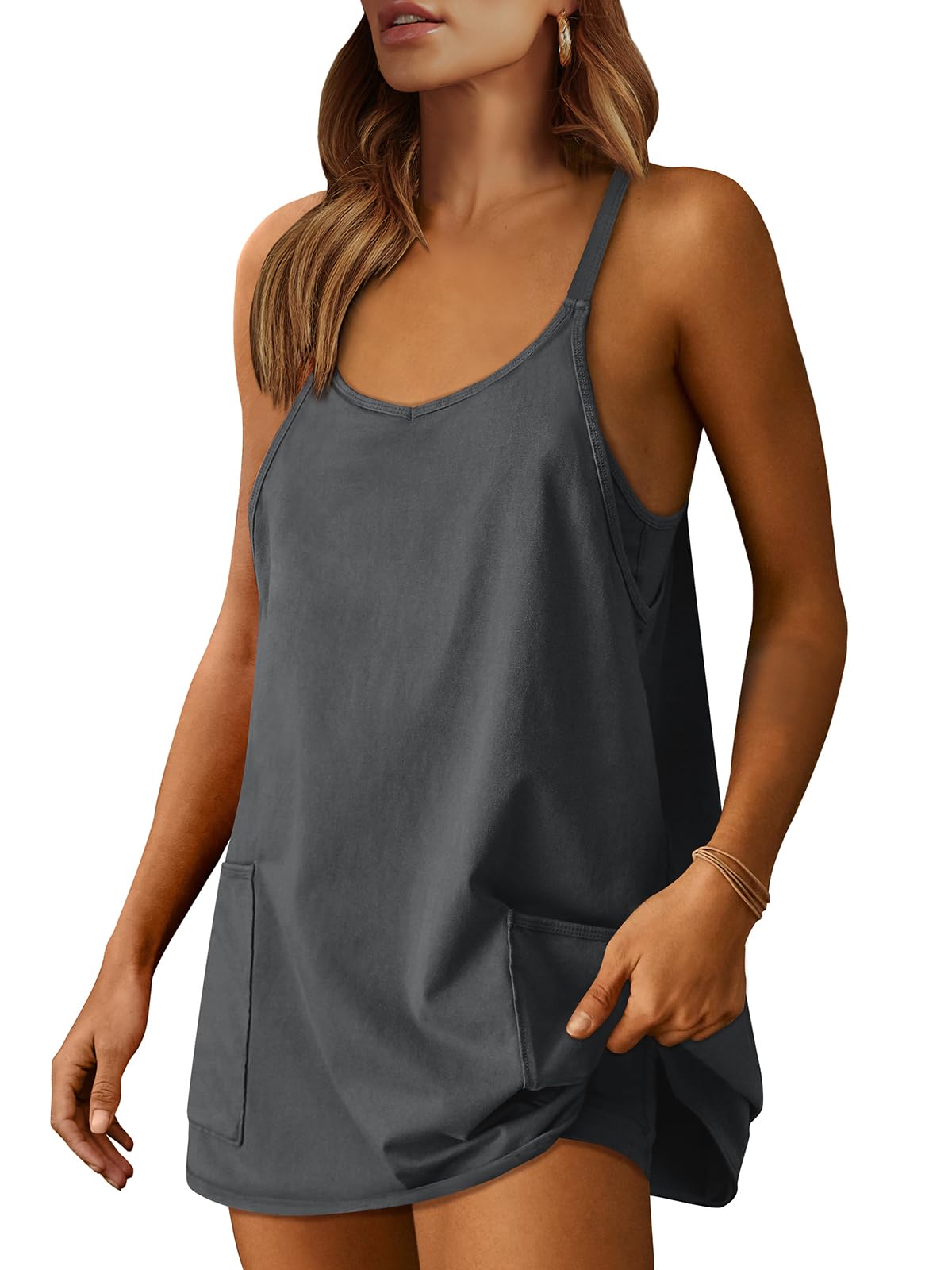 ANRABESS Women Athletic Dress Summer Tennis Workout Active Sports Mini Romper Dress Built in Shorts Travel Vacation Clothes Gray X-Large