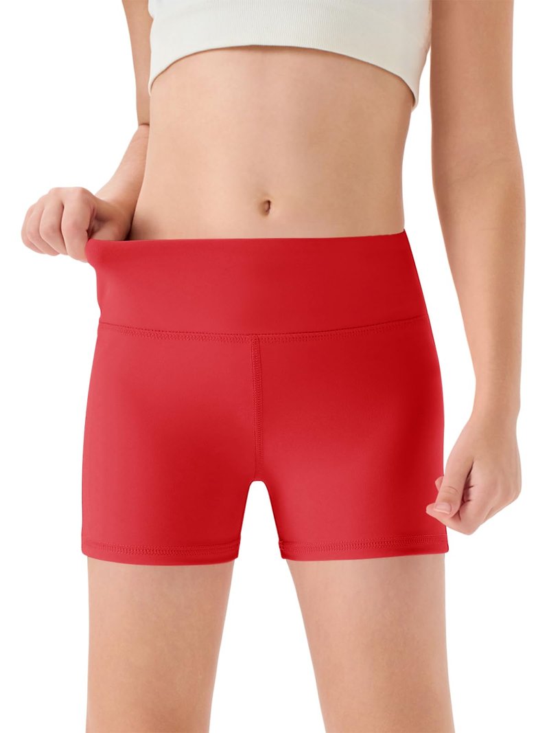 Haloumoning Girls Athletic Shorts Kids High Waisted Yoga Dance Biker Shorts Comfy Gymnastics Shorts 5-14Y Red