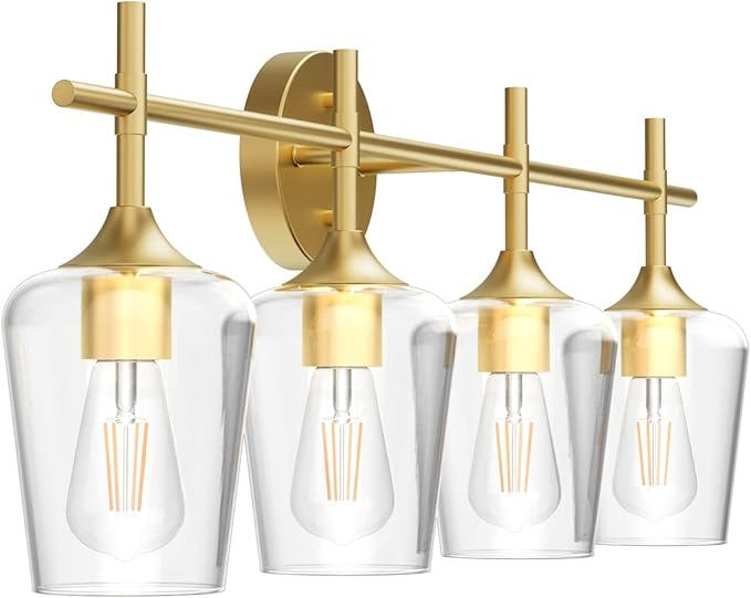 Ralbay 4-Lights Gold Vanity Light Fixture Vintage Gold Vanity Lights Wall Lighting Clear Glass Gold Bathroom Light Fixtures Over Mirror