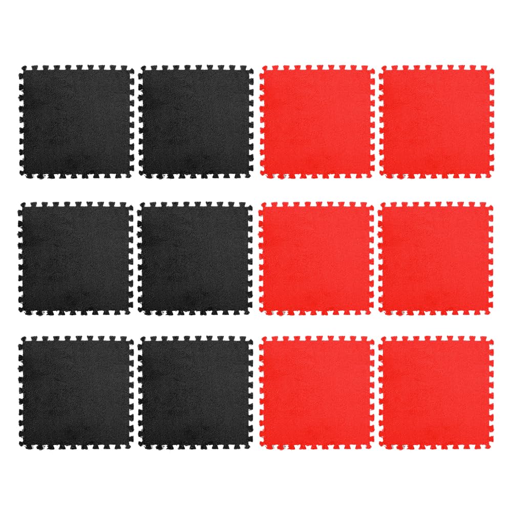 ZuTKekon 12-Pieces Square Interlocking Shaggy Soft EVA Foam Puzzle Play Mats Fuzzy Carpet Fluffy Area Rugs Set Tiles Plush Play Mat for Home Bedroom Playroom (Black + red,12 * 12inches)