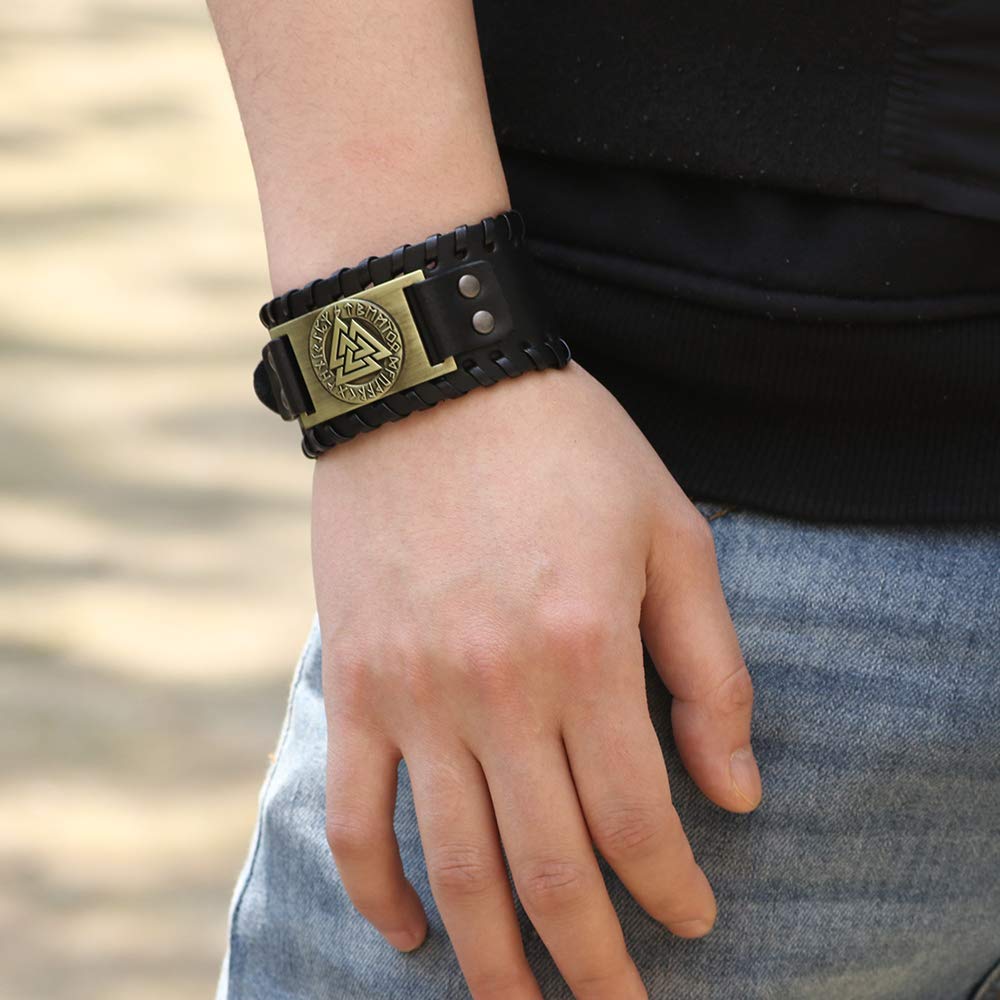 GelConnie Viking Bracelet Medieval Futhark Rune Punk Leather Cuff Bracelet Gothic Leather Wristband Nordic Bracelets Amulet Scandinavian Talisman Celtic Pagan Jewelry