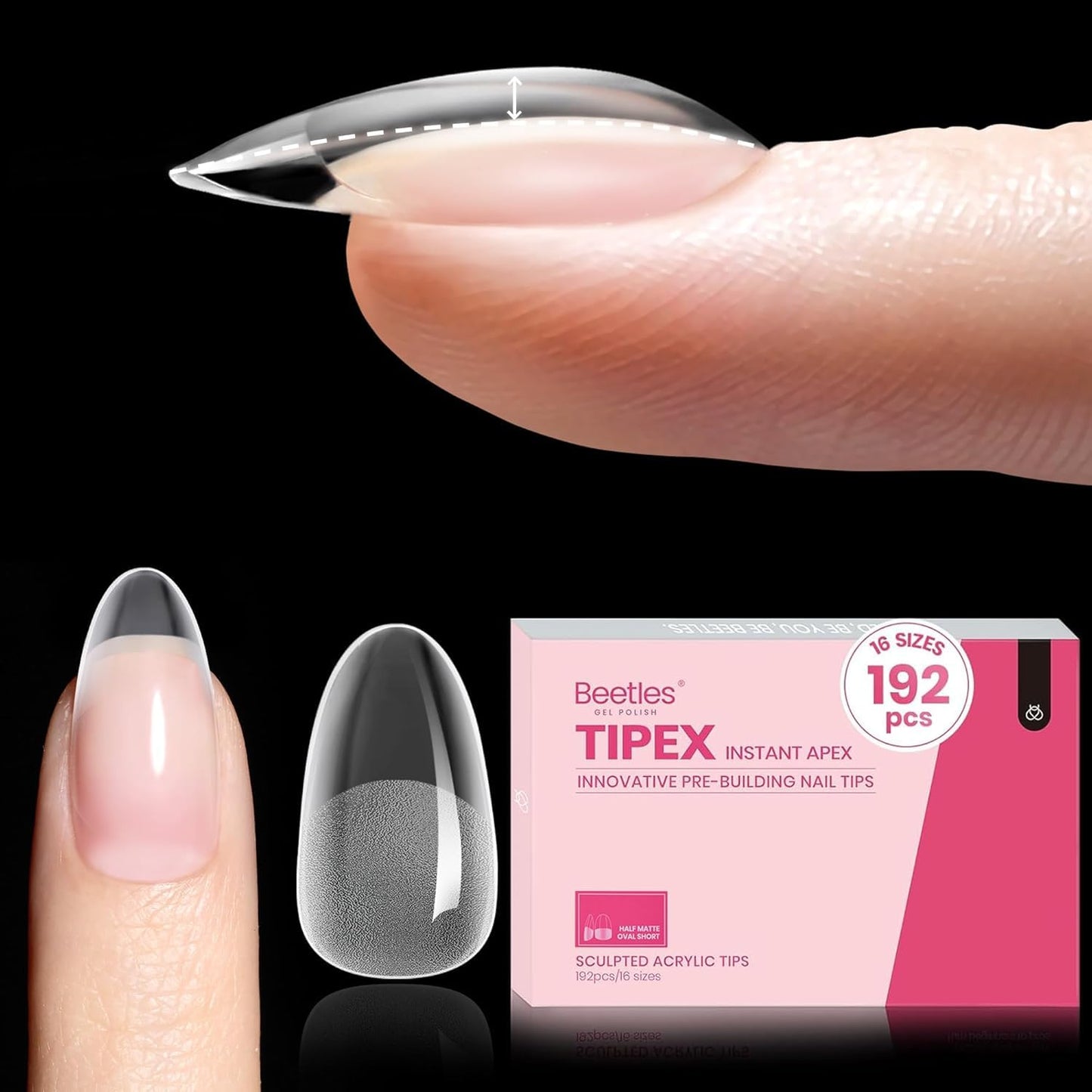 Beetles Tipex Gel Nail Kit, Medium Almond Nail Tips 224 Pcs 16 Sizes Pre-Building Pre-Etched Thick Acrylic Tips with Tipex Glue, Mini Lamp