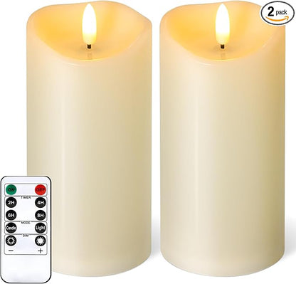 NURADA Outdoor Flameless Candles with Remote Timer - Waterproof Realistic Flickering LED Pillar Electric Battery Operated Fake Candle for Holiday Home Wedding Fireplace Decor - Ivory 2 Pack (6" 6")